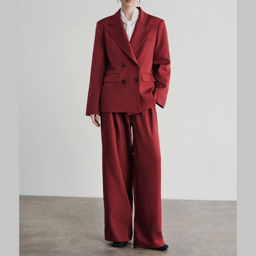 Burgundy Red 2-Piece Blazer & Wide Leg Pants Suit Set